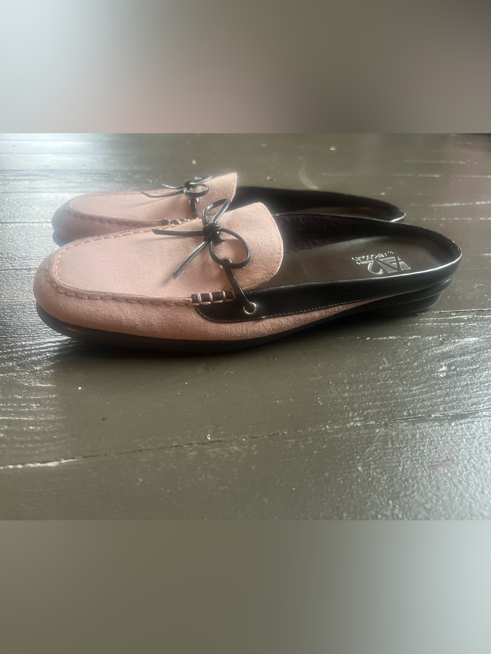 Pink Suede Loafers with Brown  Trim and Bow